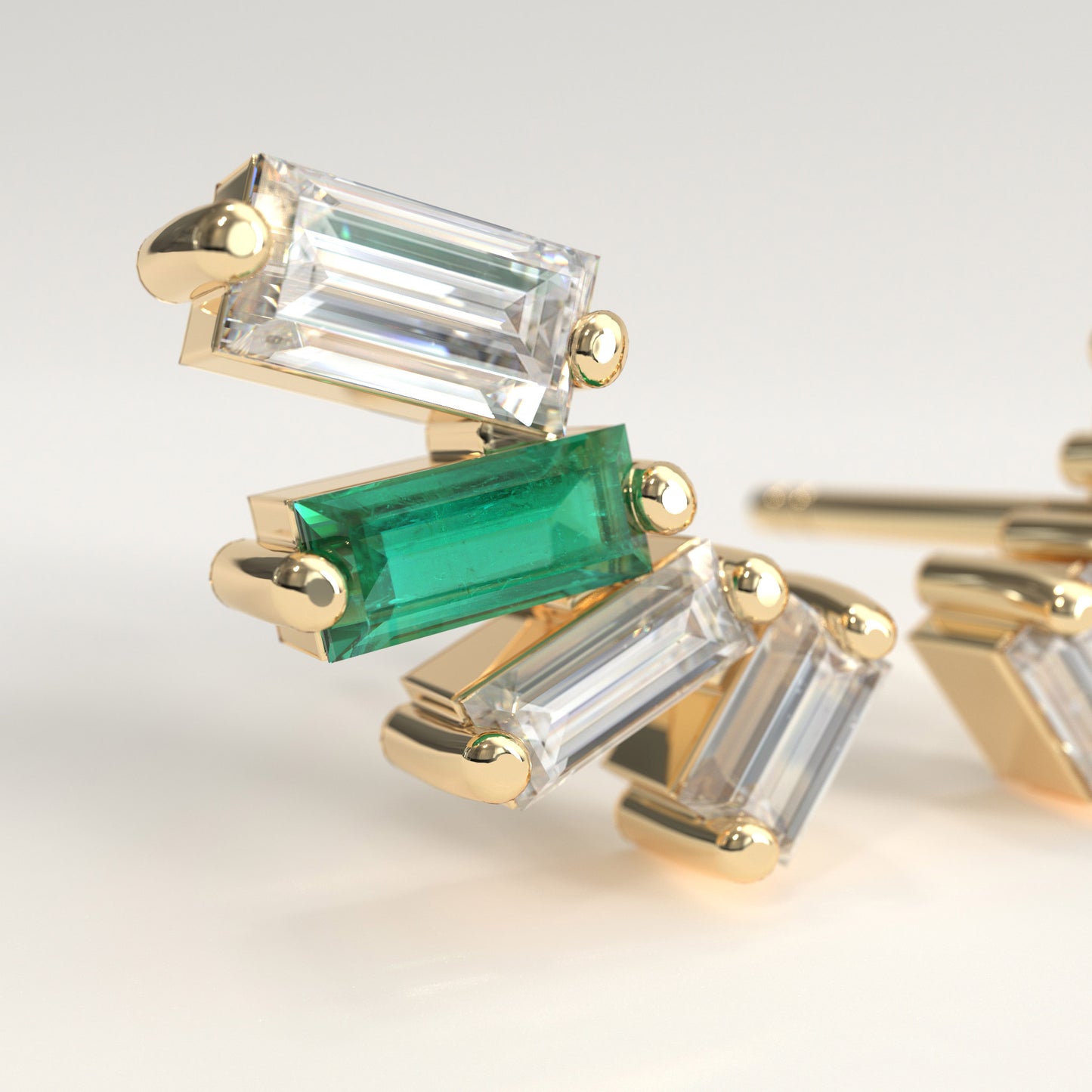 Cadence Earrings in 18k yellow gold — Colombian emerald and baguette diamond fan stud earrings, 1Em Collection by GOHI zoom