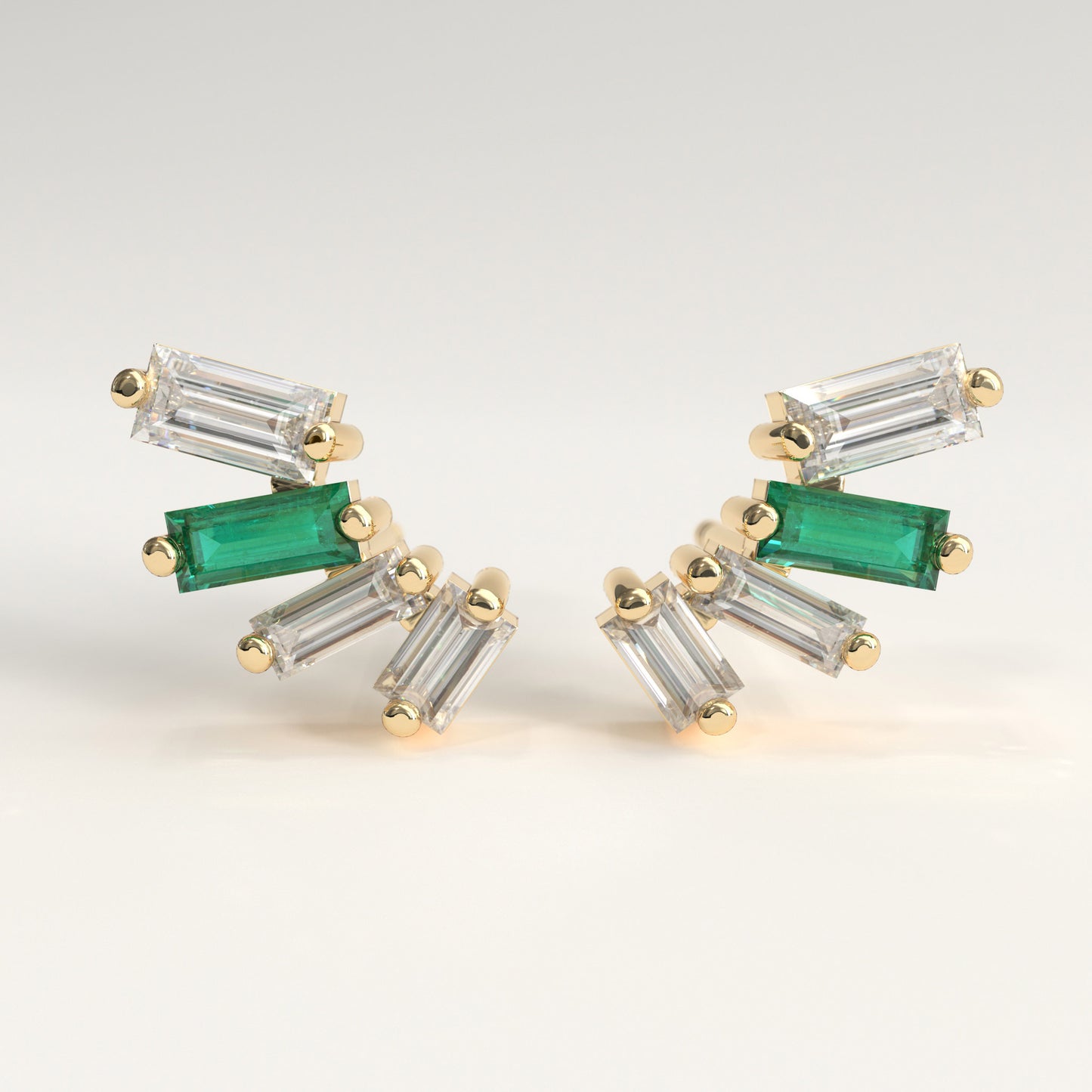 Cadence Earrings in 18k yellow gold — Colombian emerald and baguette diamond fan stud earrings, 1Em Collection by GOHI
