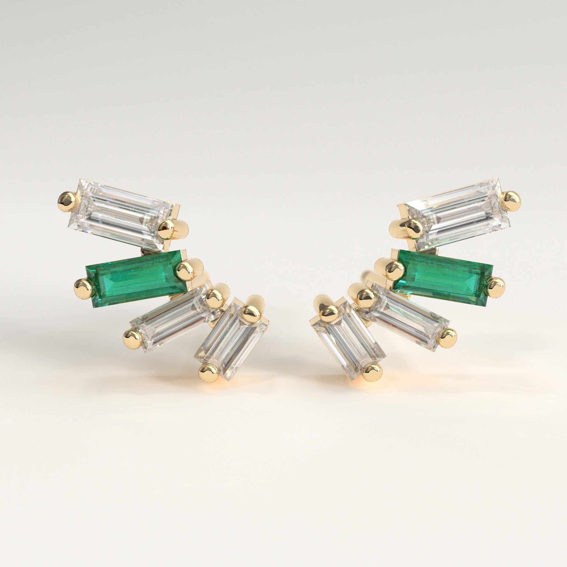 Cadence Earrings in 18k yellow gold — Colombian emerald and baguette diamond fan stud earrings, 1Em Collection by GOHI