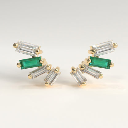 Cadence Earrings in 18k yellow gold — Colombian emerald and baguette diamond fan stud earrings, 1Em Collection by GOHI