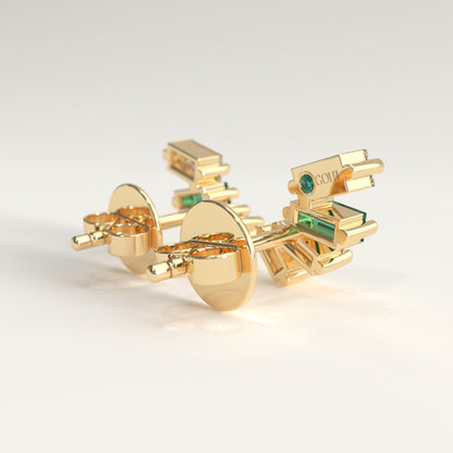 Cadence Earrings in 18k yellow gold — Colombian emerald and baguette diamond fan stud earrings, 1Em Collection by GOHI back