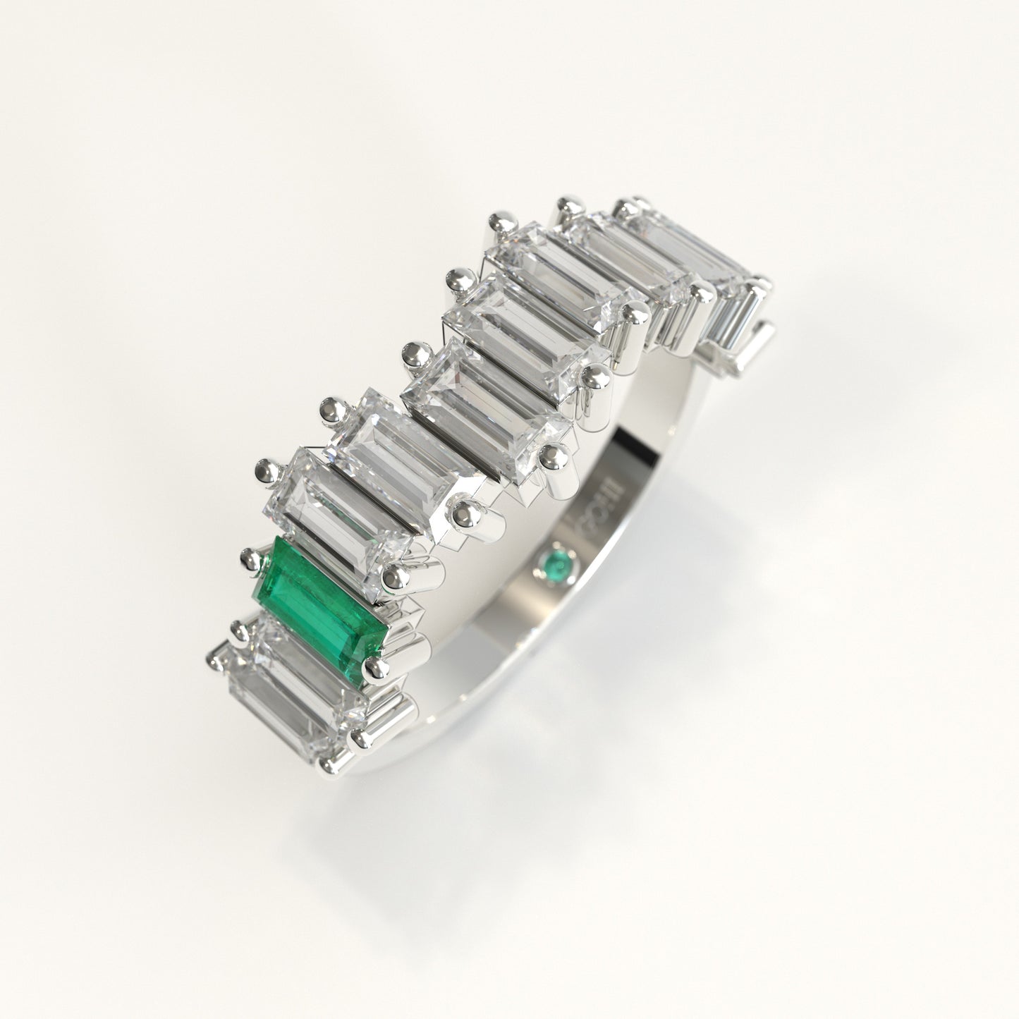 Cadence Ring in 18k white gold — Colombian emerald and baguette diamond band, 1Em Collection by GOHI stand
