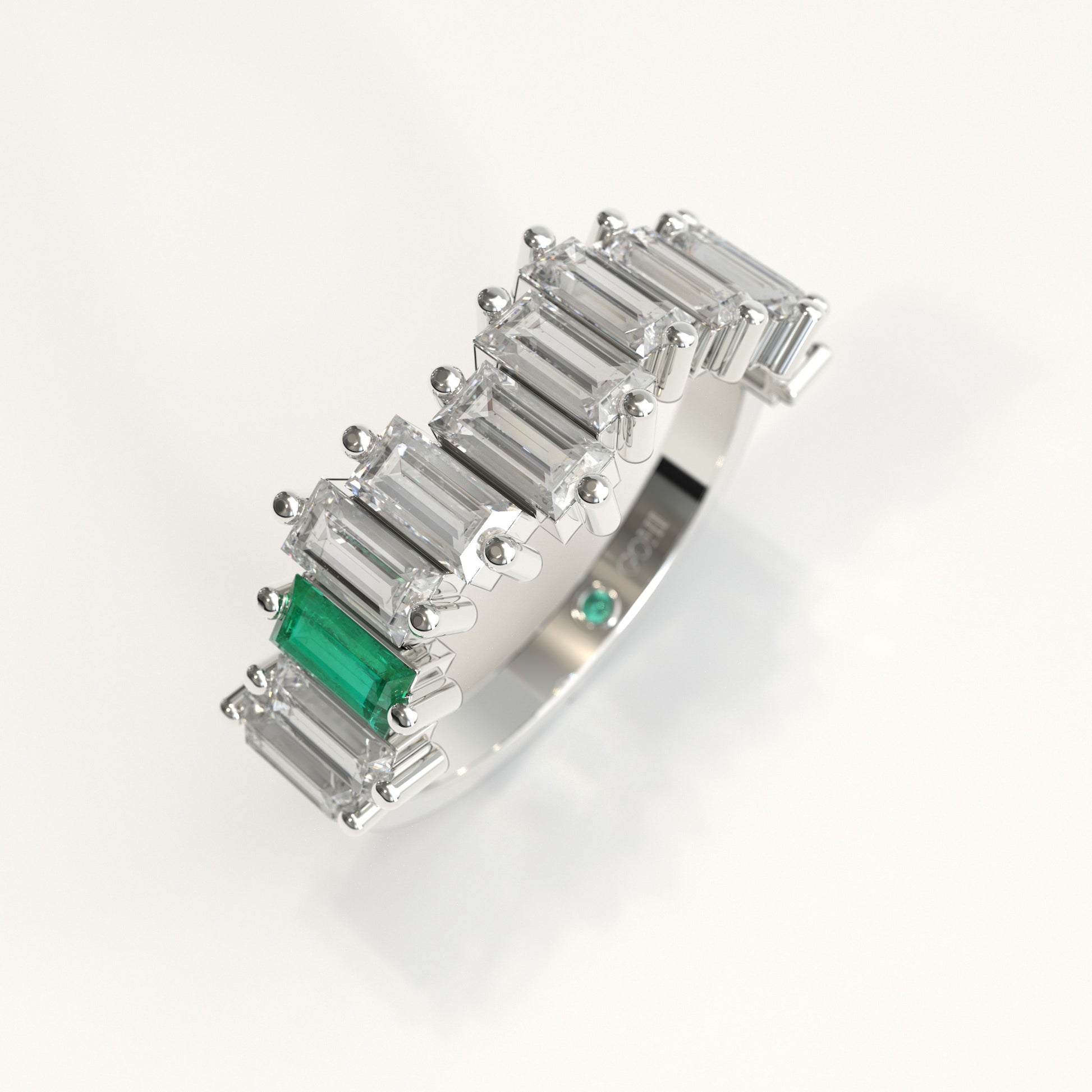 Cadence Ring in 18k white gold — Colombian emerald and baguette diamond band, 1Em Collection by GOHI stand