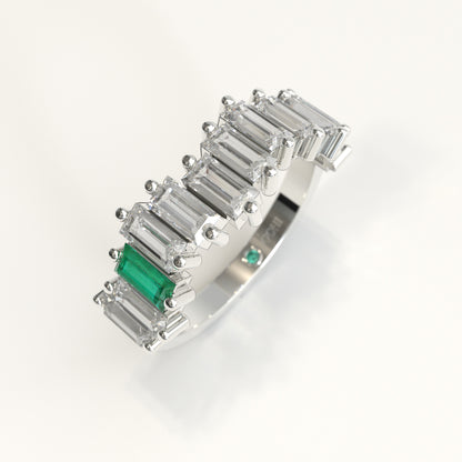 Cadence Ring in 18k white gold — Colombian emerald and baguette diamond band, 1Em Collection by GOHI stand
