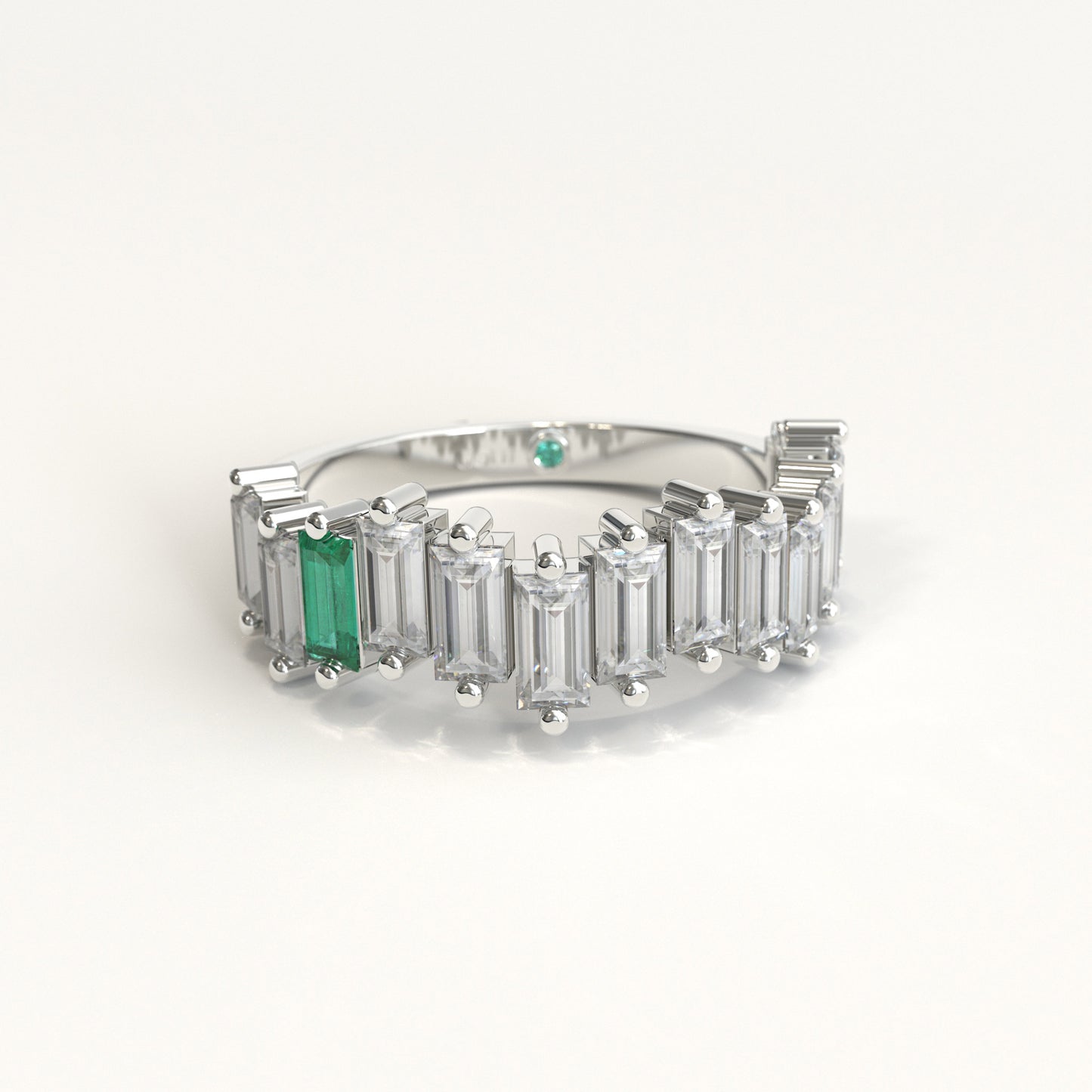 Cadence Ring in 18k white gold — Colombian emerald and baguette diamond band, 1Em Collection by GOHI front