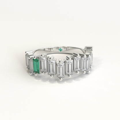 Cadence Ring in 18k white gold — Colombian emerald and baguette diamond band, 1Em Collection by GOHI front