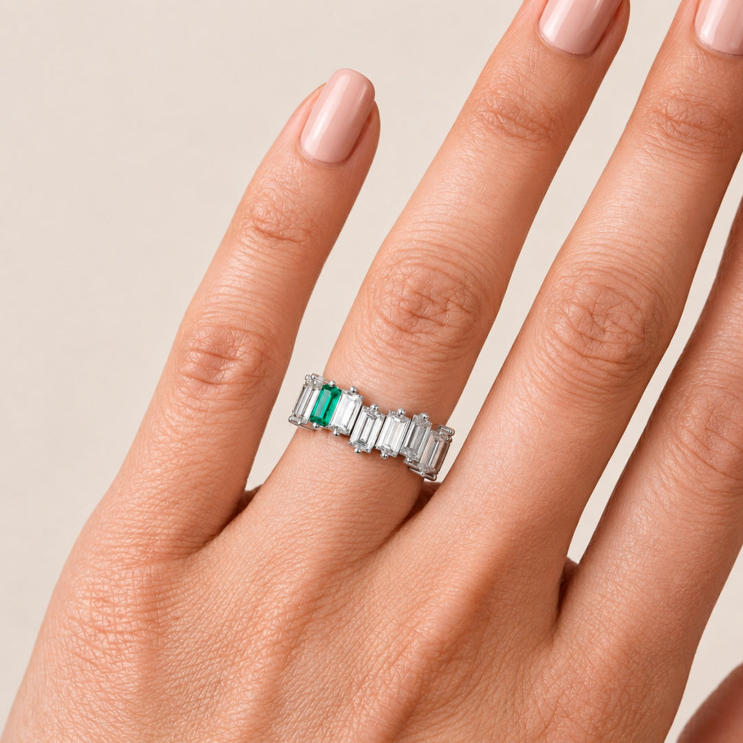 Cadence Ring in 18k white gold — Colombian emerald and baguette diamond band, 1Em Collection by GOHI ring on