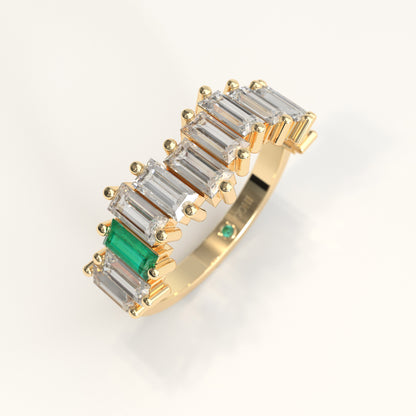 Cadence Ring in 18k yellow gold — Colombian emerald and baguette diamond band, 1Em Collection by GOHI stand