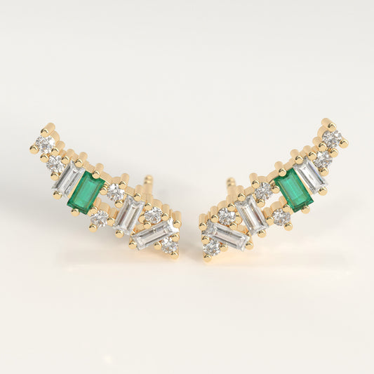 Crest Earrings | Colombian Emerald & Baguette Diamond Ear Climbers
