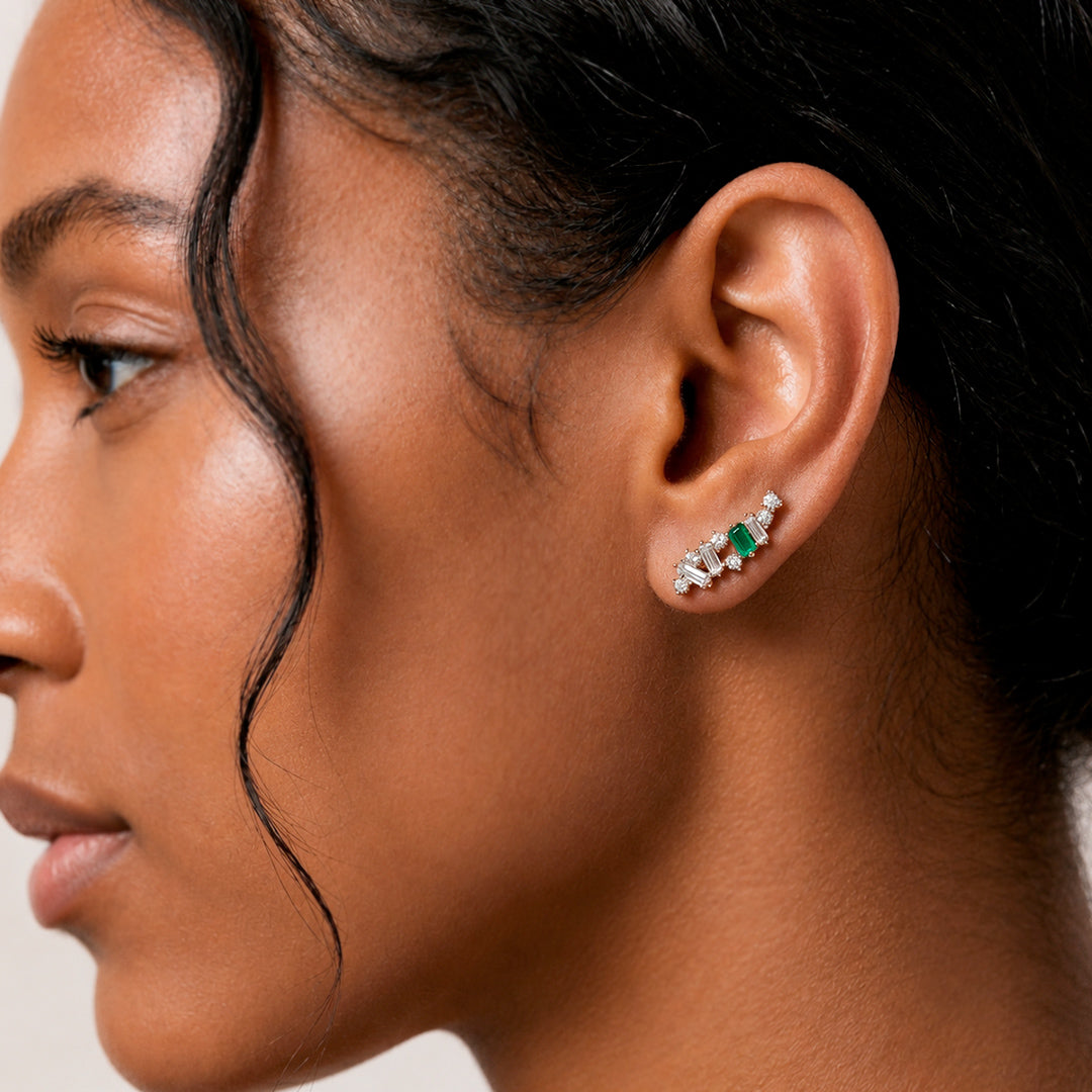 Crest Earrings | Colombian Emerald & Baguette Diamond Ear Climbers
