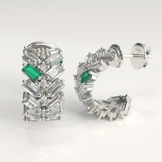 Earn Grain Earrings in 18k white gold — Colombian emerald and baguette diamond herringbone hoop earrings, 1Em Collection by GOHI