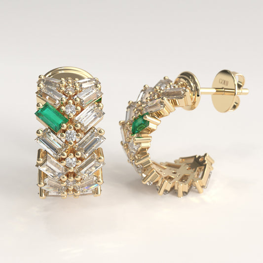 Earn Grain Earrings in 18k yellow gold — Colombian emerald and baguette diamond herringbone hoop earrings, 1Em Collection by GOHI