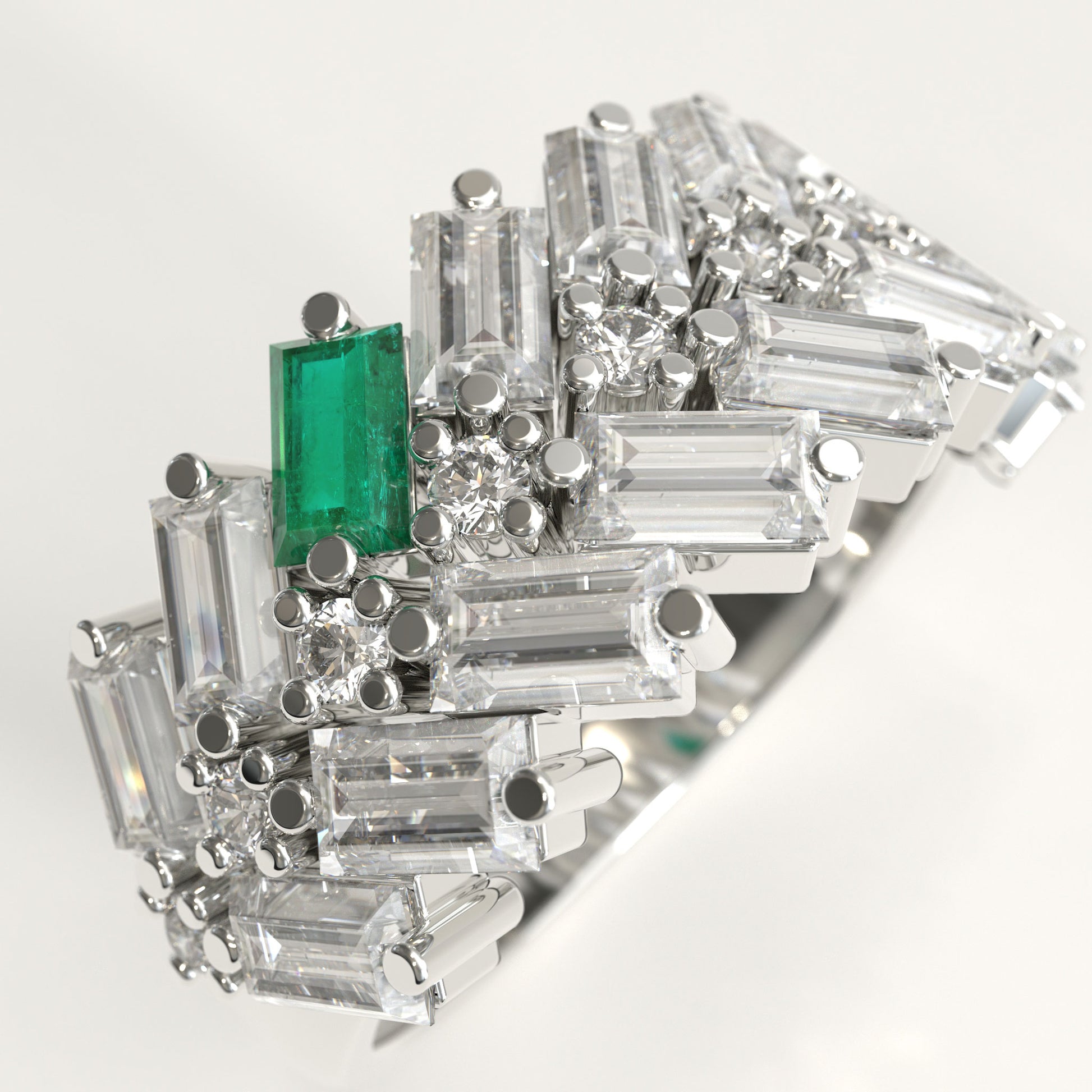 Earn Grain Ring in 18k white gold — Colombian emerald and baguette diamond herringbone band, 1Em Collection by GOHI zoom