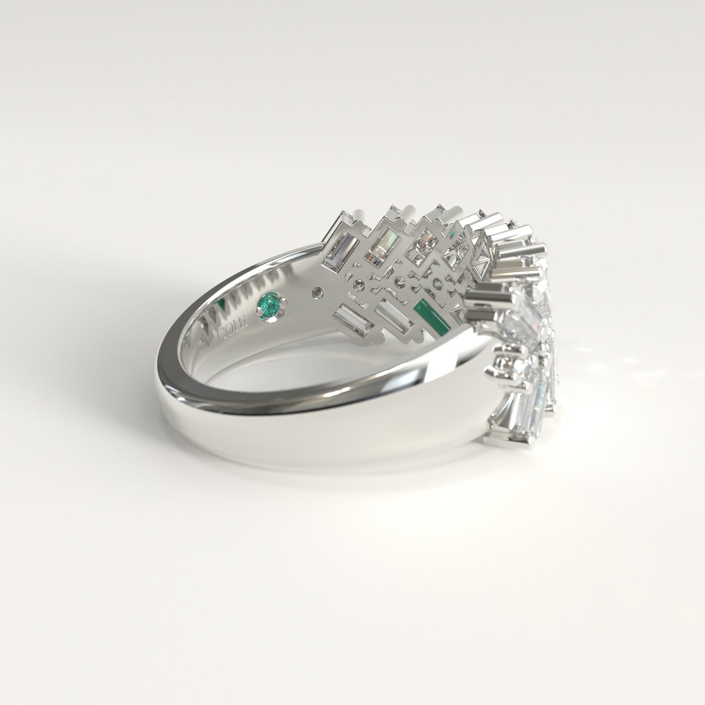 Earn Grain Ring in 18k white gold — Colombian emerald and baguette diamond herringbone band, 1Em Collection by GOHI back
