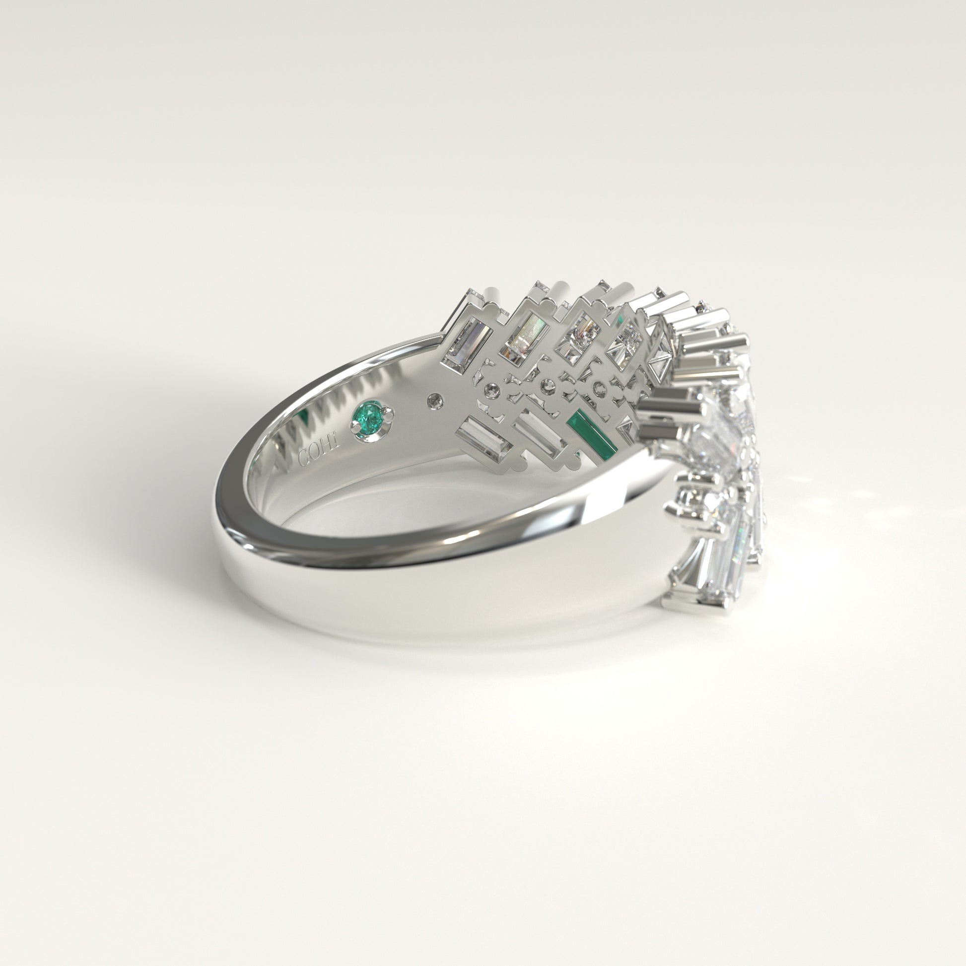 Earn Grain Ring in 18k white gold — Colombian emerald and baguette diamond herringbone band, 1Em Collection by GOHI back