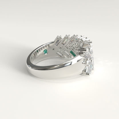 Earn Grain Ring in 18k white gold — Colombian emerald and baguette diamond herringbone band, 1Em Collection by GOHI back