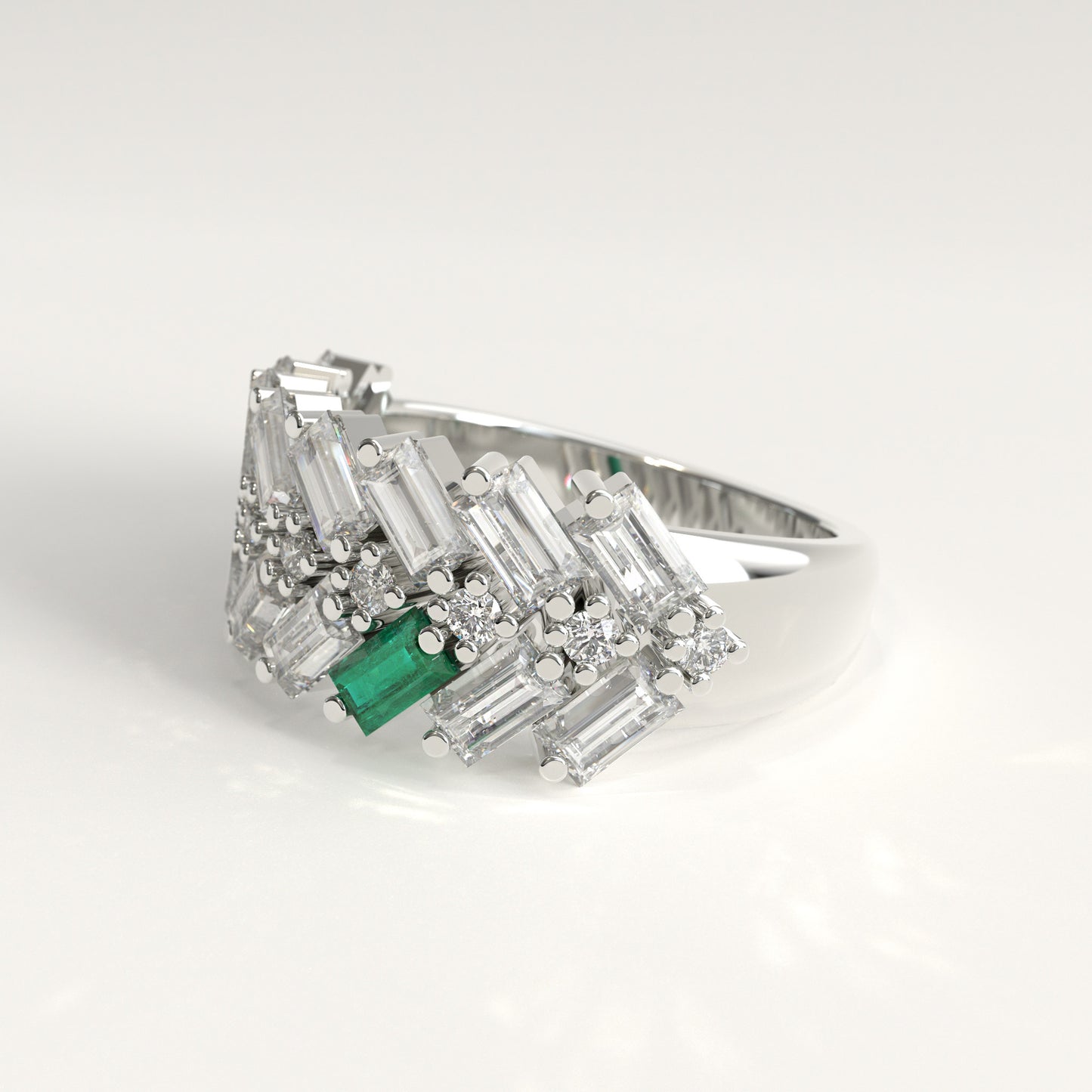 Earn Grain Ring in 18k white gold — Colombian emerald and baguette diamond herringbone band, 1Em Collection by GOHI lateral