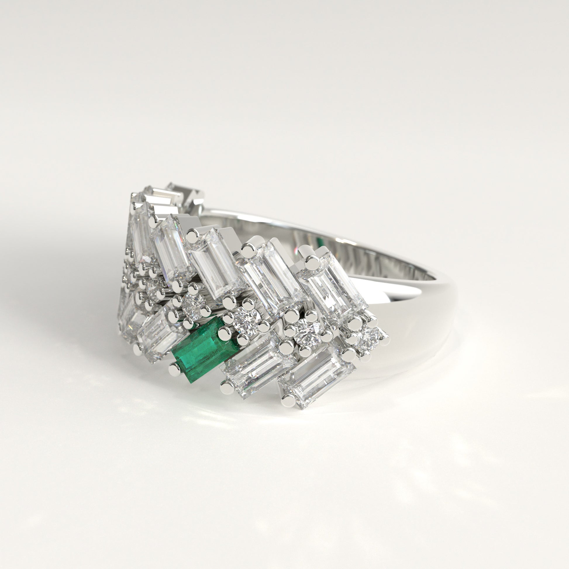 Earn Grain Ring in 18k white gold — Colombian emerald and baguette diamond herringbone band, 1Em Collection by GOHI lateral