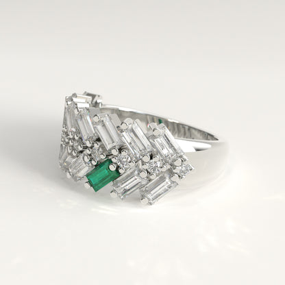 Earn Grain Ring in 18k white gold — Colombian emerald and baguette diamond herringbone band, 1Em Collection by GOHI lateral