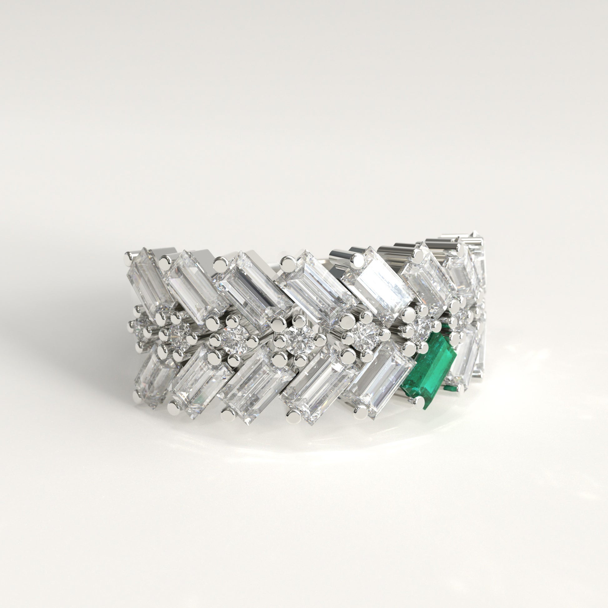 Earn Grain Ring in 18k white gold — Colombian emerald and baguette diamond herringbone band, 1Em Collection by GOHI