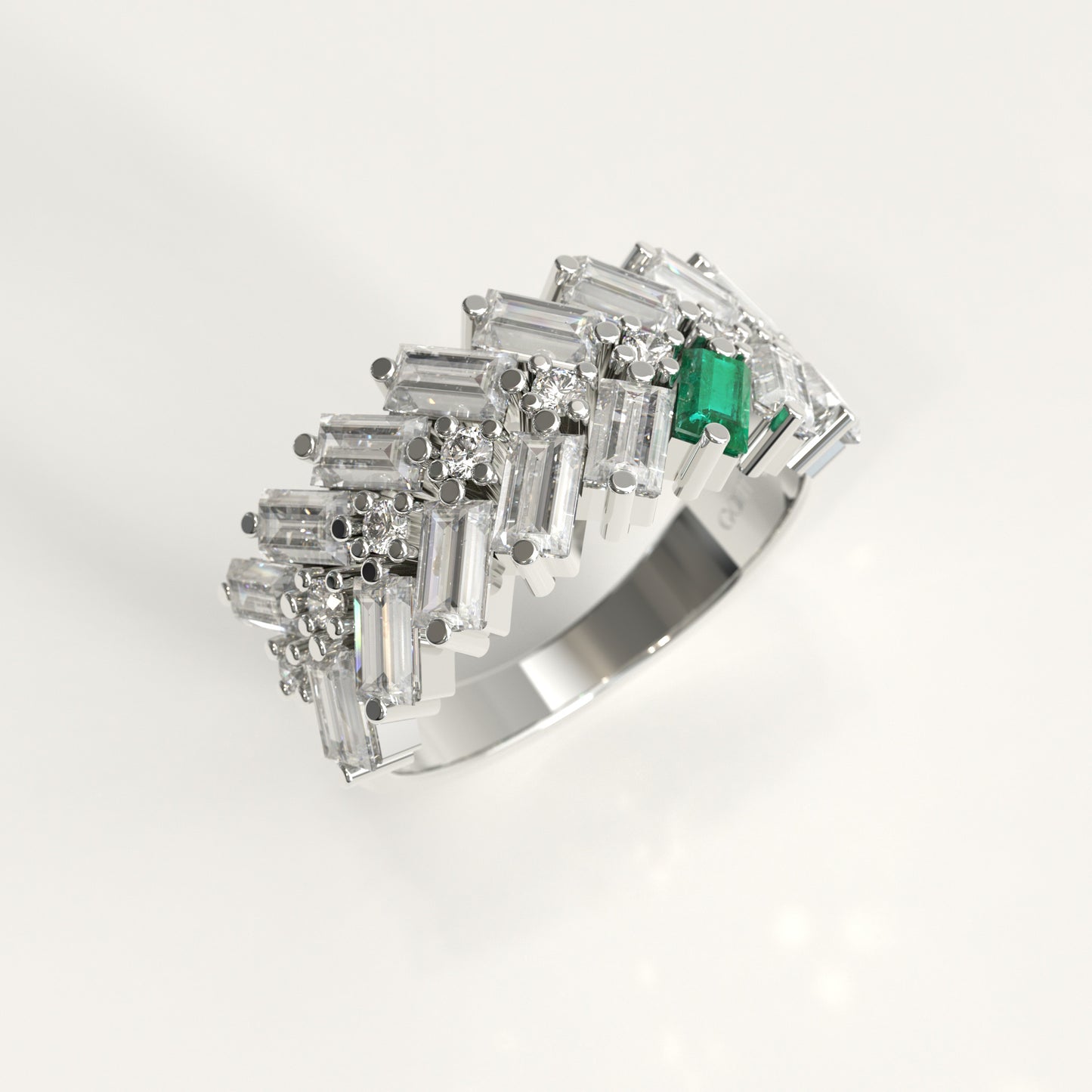 Earn Grain Ring in 18k white gold — Colombian emerald and baguette diamond herringbone band, 1Em Collection by GOHI stand