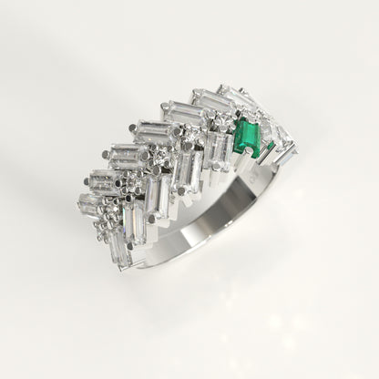 Earn Grain Ring in 18k white gold — Colombian emerald and baguette diamond herringbone band, 1Em Collection by GOHI stand