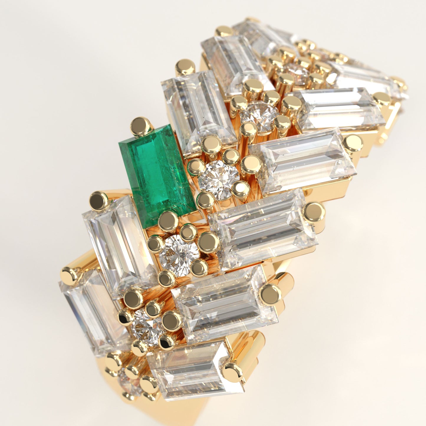 Earn Grain Ring in 18k yellow gold — Colombian emerald and baguette diamond herringbone band, 1Em Collection by GOHI zoom