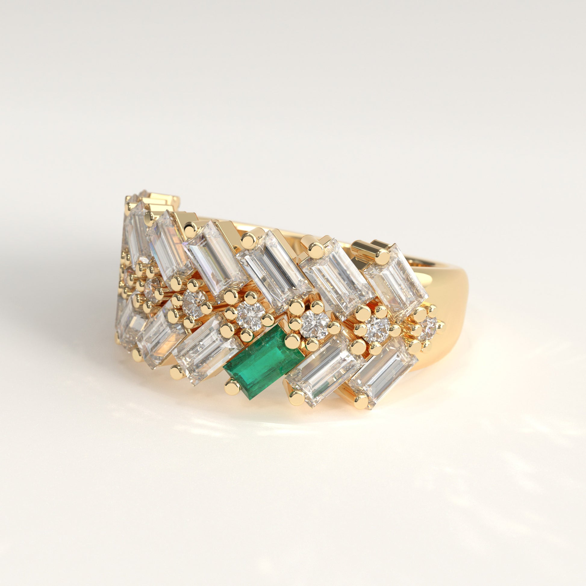 Earn Grain Ring in 18k yellow gold — Colombian emerald and baguette diamond herringbone band, 1Em Collection by GOHI lateral
