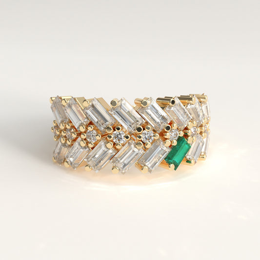 Earn Grain Ring in 18k yellow gold — Colombian emerald and baguette diamond herringbone band, 1Em Collection by GOHI front