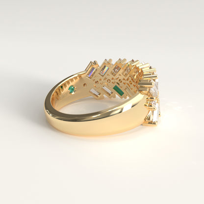 Earn Grain Ring in 18k yellow gold — Colombian emerald and baguette diamond herringbone band, 1Em Collection by GOHI back
