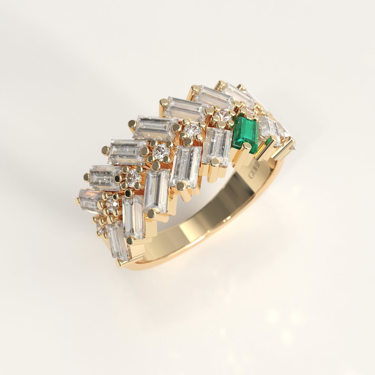 Earn Grain Ring in 18k yellow gold — Colombian emerald and baguette diamond herringbone band, 1Em Collection by GOHI stand