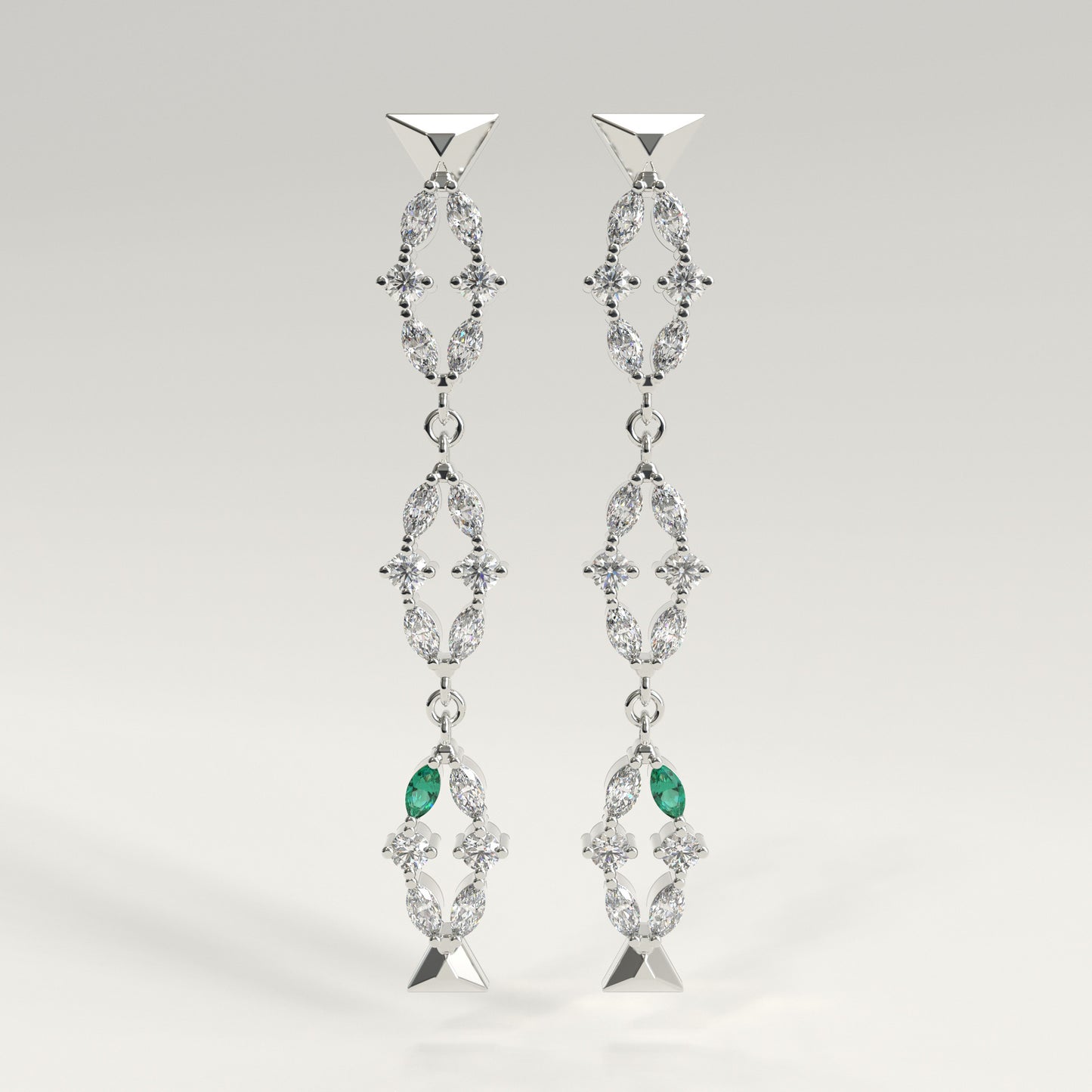 Flourish Earrings in 18k white gold — Colombian emerald and marquise diamond long drop earrings, 1Em Collection by GOHI