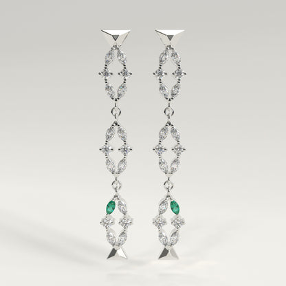 Flourish Earrings in 18k white gold — Colombian emerald and marquise diamond long drop earrings, 1Em Collection by GOHI