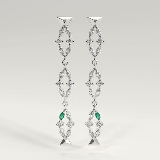 Flourish Earrings in 18k white gold — Colombian emerald and marquise diamond long drop earrings, 1Em Collection by GOHI