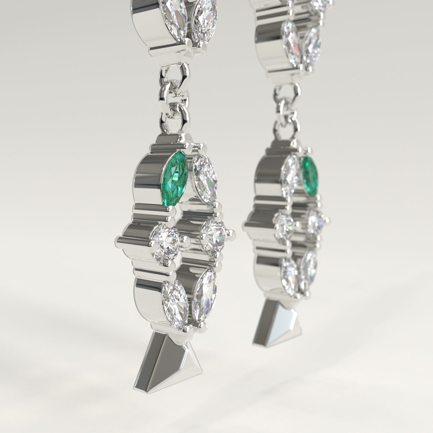 Flourish Earrings in 18k white gold — Colombian emerald and marquise diamond long drop earrings, 1Em Collection by GOHI close up