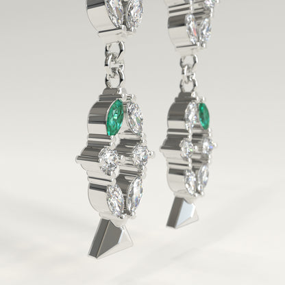 Flourish Earrings in 18k white gold — Colombian emerald and marquise diamond long drop earrings, 1Em Collection by GOHI close up