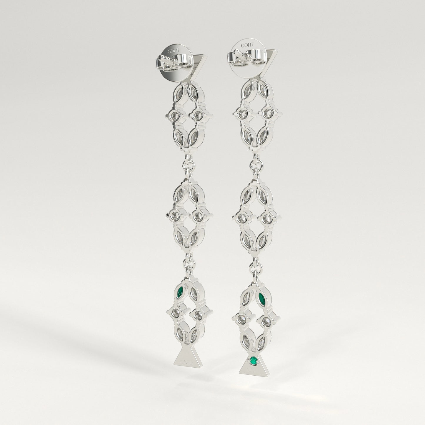 Flourish Earrings in 18k white gold — Colombian emerald and marquise diamond long drop earrings, 1Em Collection by GOHI back