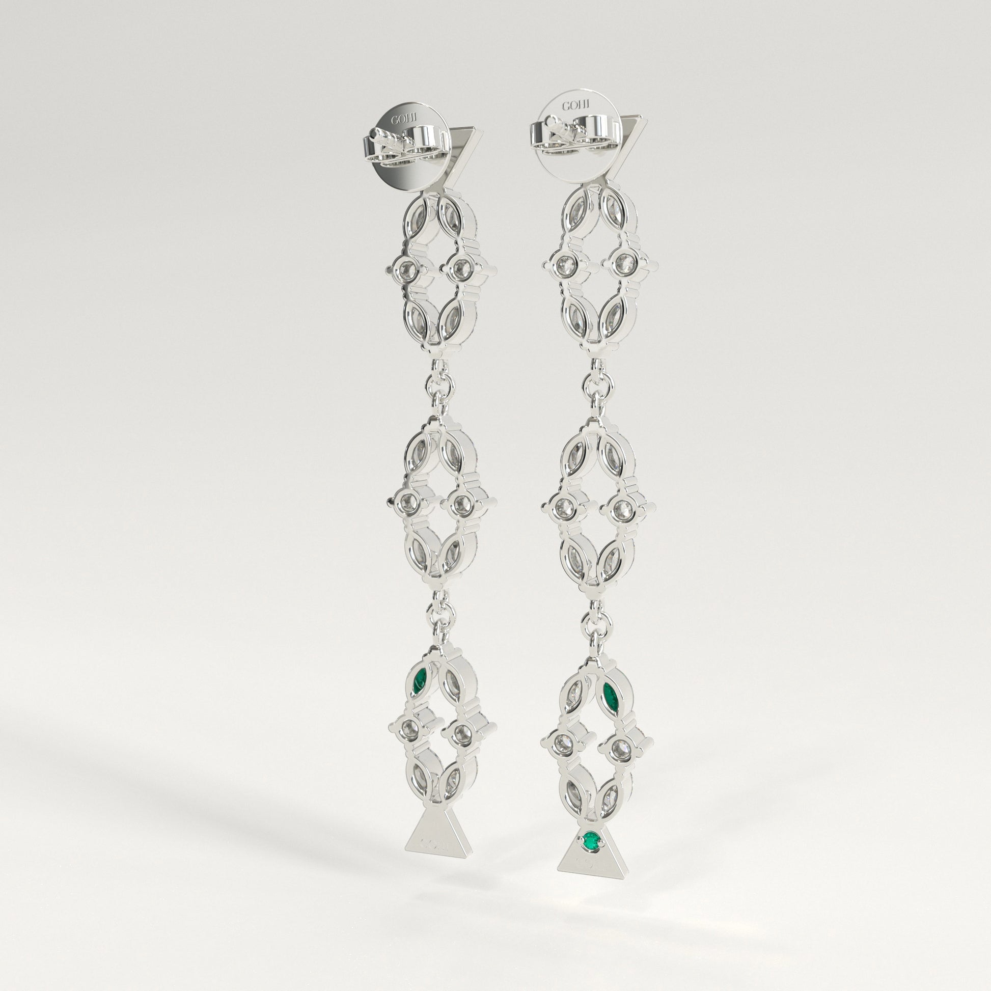 Flourish Earrings in 18k white gold — Colombian emerald and marquise diamond long drop earrings, 1Em Collection by GOHI back