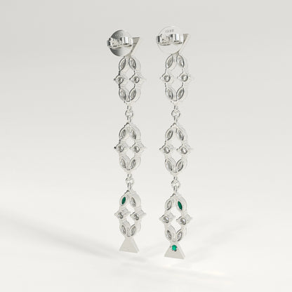 Flourish Earrings in 18k white gold — Colombian emerald and marquise diamond long drop earrings, 1Em Collection by GOHI back