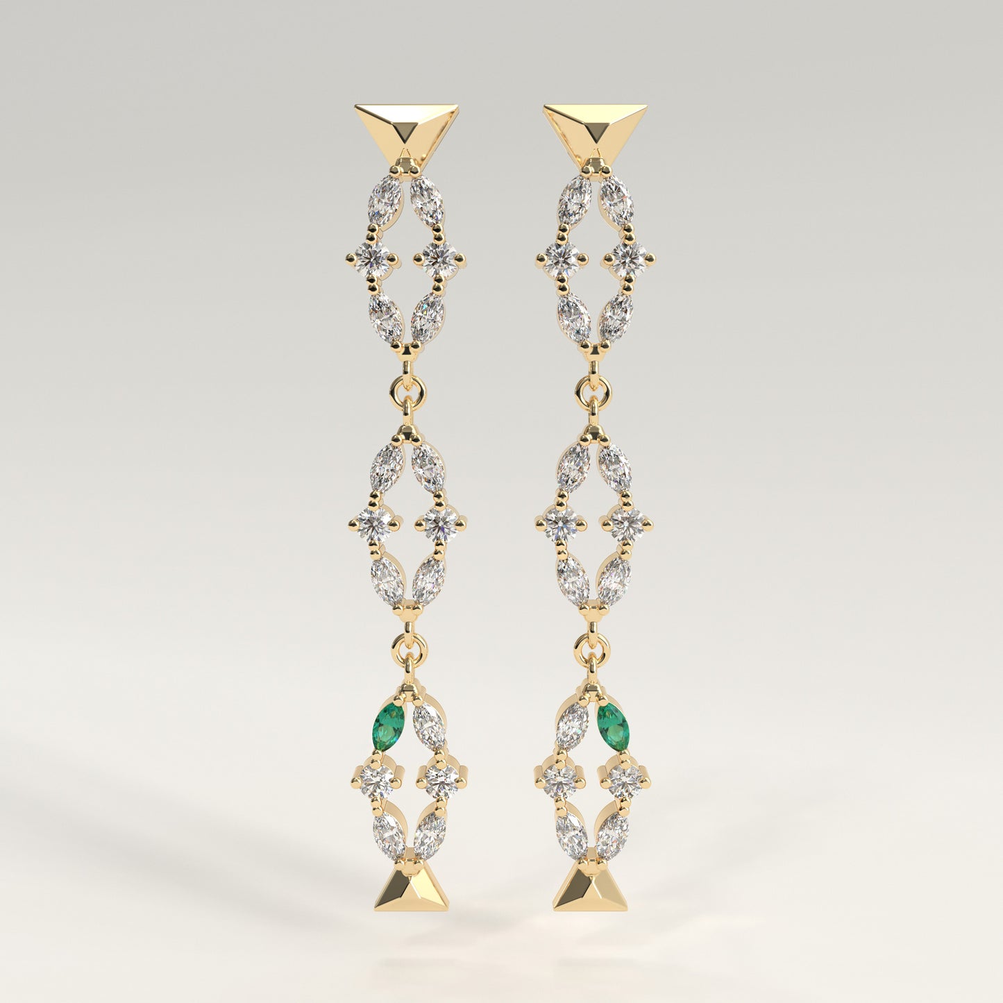 Flourish Earrings in 18k yellow gold — Colombian emerald and marquise diamond long drop earrings, 1Em Collection by GOHI