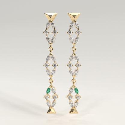Flourish Earrings in 18k yellow gold — Colombian emerald and marquise diamond long drop earrings, 1Em Collection by GOHI