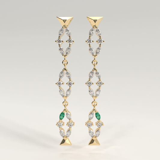 Flourish Earrings in 18k yellow gold — Colombian emerald and marquise diamond long drop earrings, 1Em Collection by GOHI