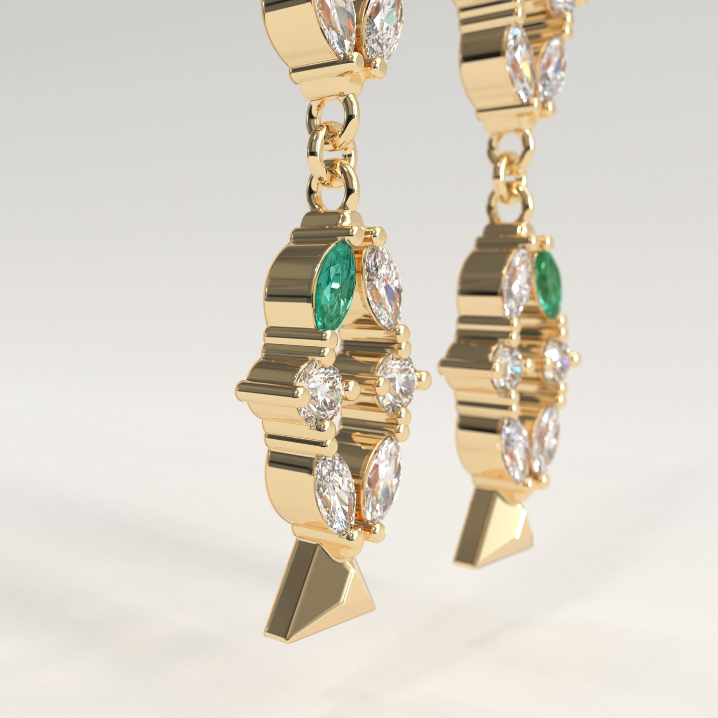 Flourish Earrings in 18k yellow gold — Colombian emerald and marquise diamond long drop earrings, 1Em Collection by GOHI zoom
