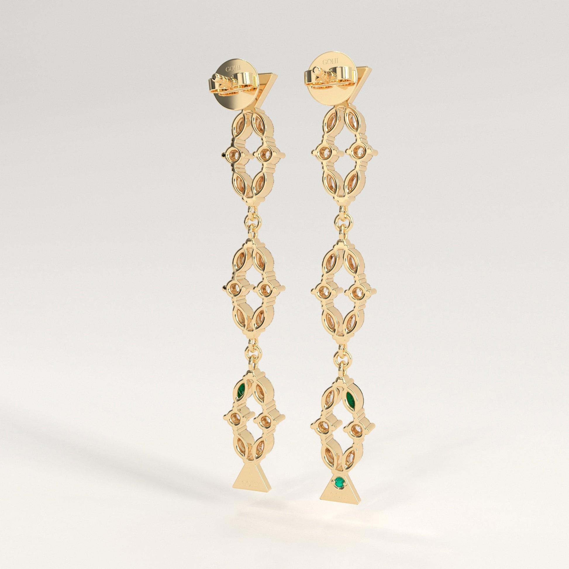 Flourish Earrings in 18k yellow gold — Colombian emerald and marquise diamond long drop earrings, 1Em Collection by GOHI back