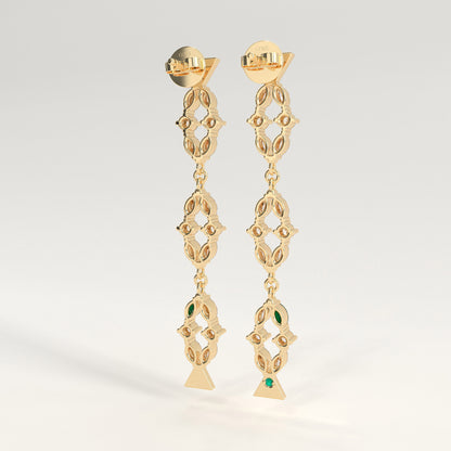 Flourish Earrings in 18k yellow gold — Colombian emerald and marquise diamond long drop earrings, 1Em Collection by GOHI back