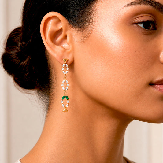Flourish Earrings in 18k yellow gold — Colombian emerald and marquise diamond long drop earrings, 1Em Collection by GOHI on it