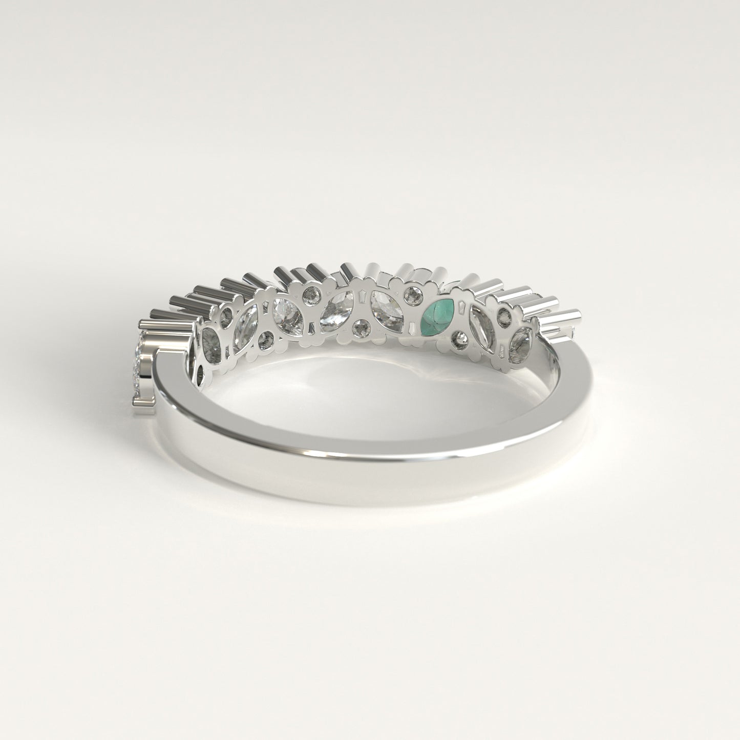 Flourish Ring in 18k white gold — Colombian emerald and marquise diamond band, 1Em Collection by GOHI back