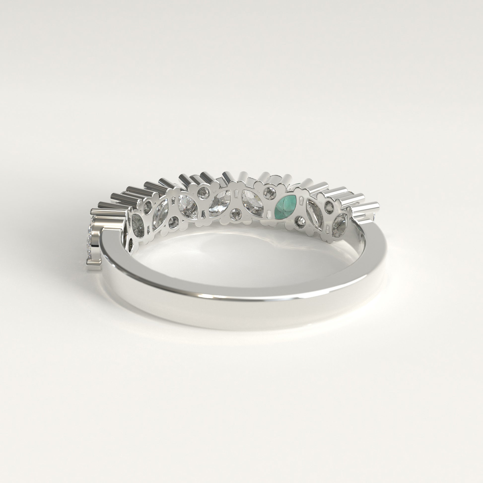 Flourish Ring in 18k white gold — Colombian emerald and marquise diamond band, 1Em Collection by GOHI back