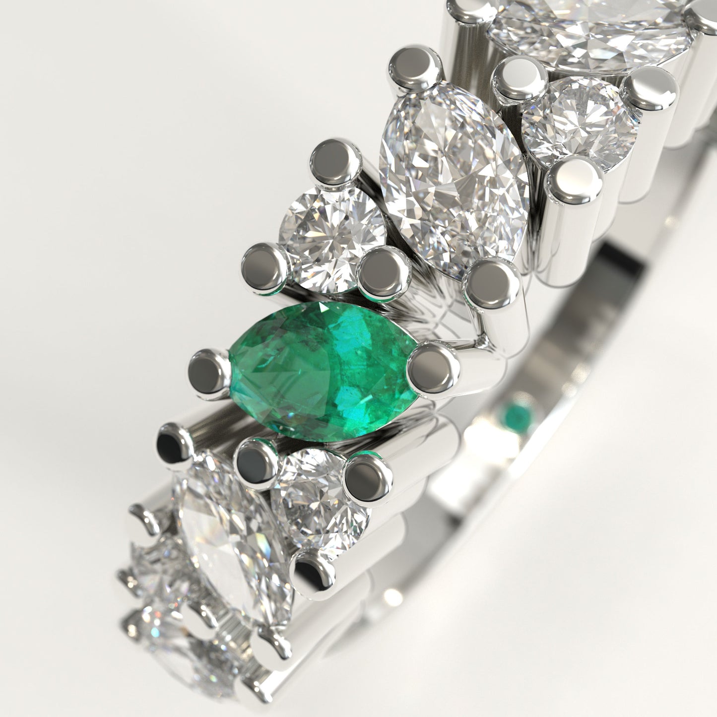 Flourish Ring in 18k white gold — Colombian emerald and marquise diamond band, 1Em Collection by GOHI zoom
