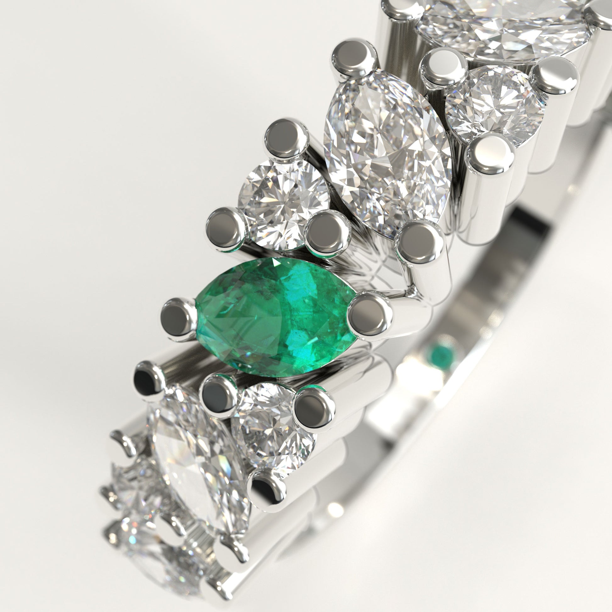 Flourish Ring in 18k white gold — Colombian emerald and marquise diamond band, 1Em Collection by GOHI zoom